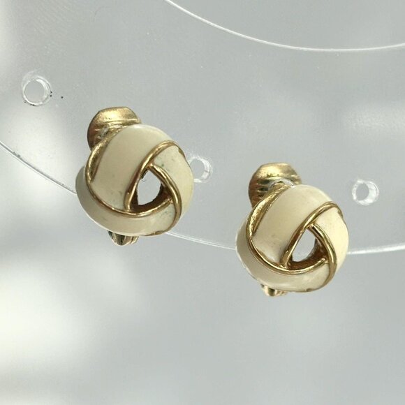 Vintage Ivory Enamel Braided Tiny Classy Monet Signed Clip On Stud Earrings - Picture 1 of 7